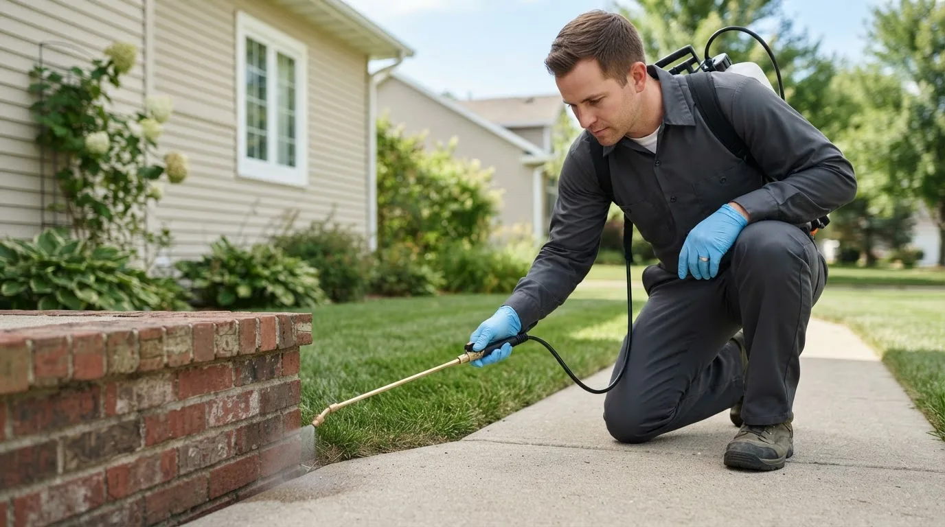 Pest control technician treating a home near Leverett, MA