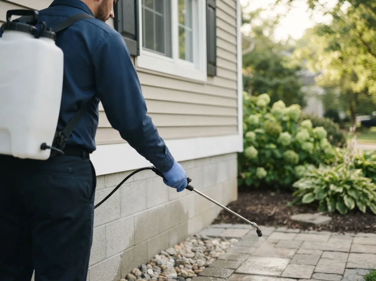Pest control technician inspecting a home in Leverett, MA